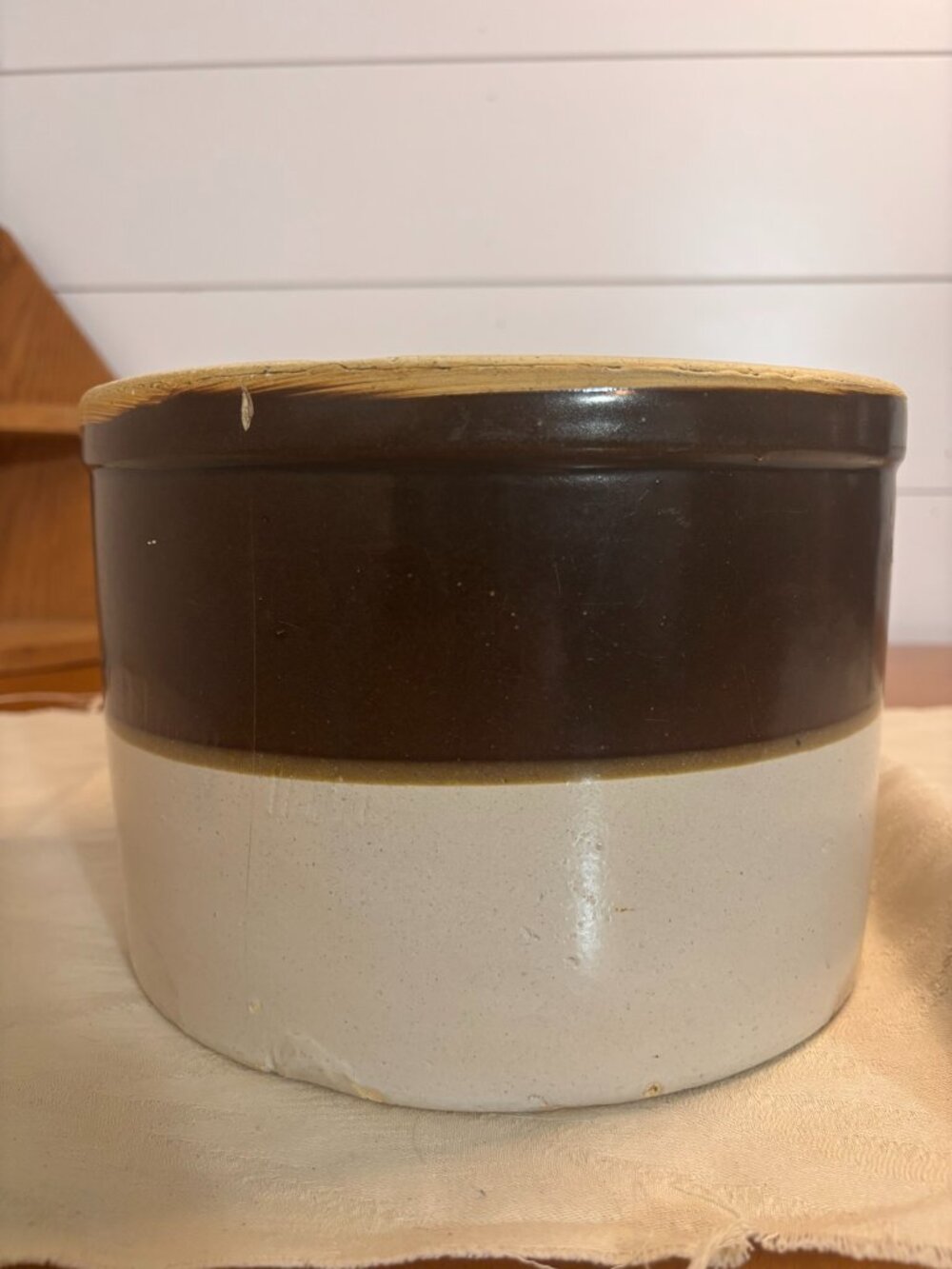 VTG Two-Tone Stoneware Crock Brown & Cream Primitive Farmhouse Decor